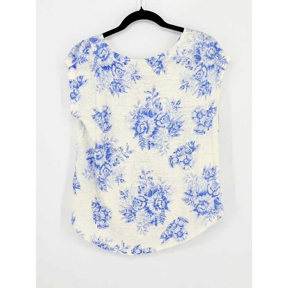 Cottagecore Blue White 100% Linen Floral Toile Cap Sleeve Knit Top L East Coast